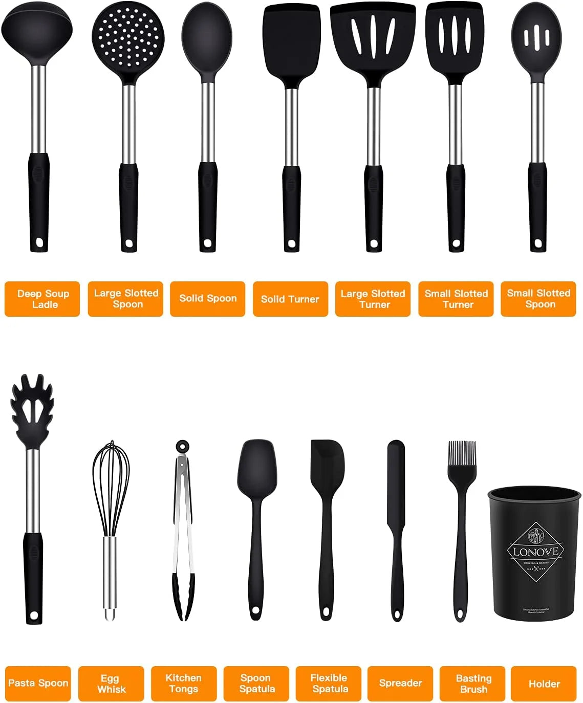 Silicone Cooking Utensil Set,14Pcs Silicone Cooking Kitchen Utensils Set, Non-Stick Heat Resistant - Best Kitchen Cookware with Stainless Steel Handle (Black)