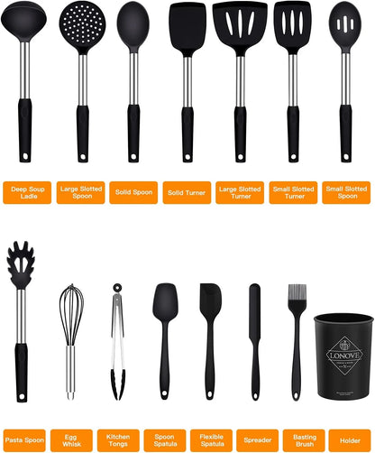 Silicone Cooking Utensil Set,14Pcs Silicone Cooking Kitchen Utensils Set, Non-Stick Heat Resistant - Best Kitchen Cookware with Stainless Steel Handle (Black)