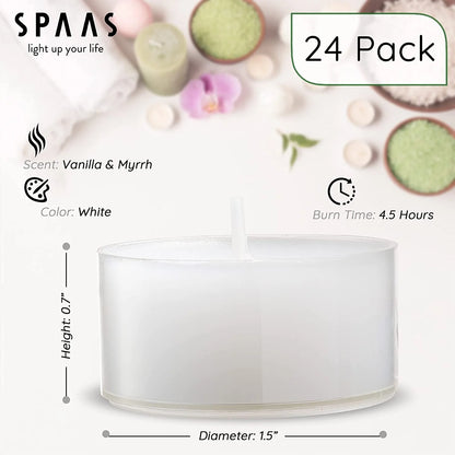 Scented Tea Lights Candles in Clear Cups, Vanilla & Myrrh Fragrance, for Spa, Dinner, and Home Decor, 24 Pack