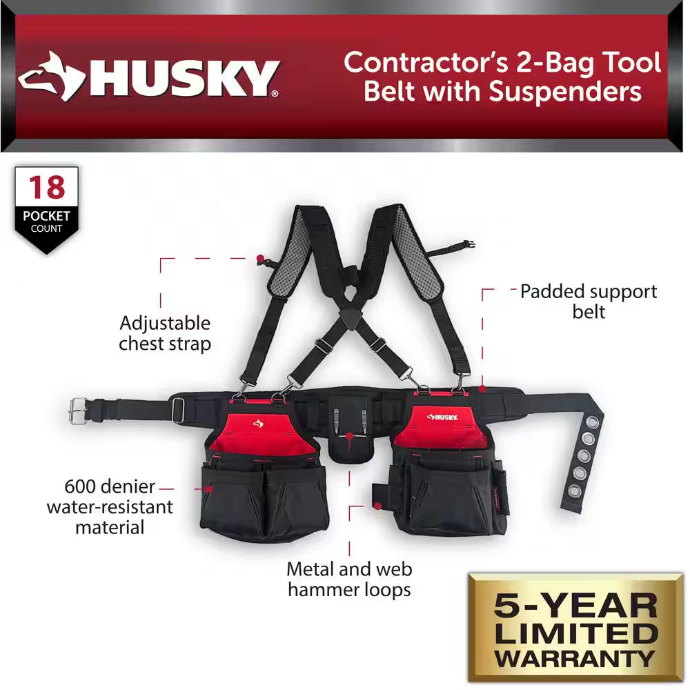 Contractors 2-Bag Work Tool Belt with Suspenders