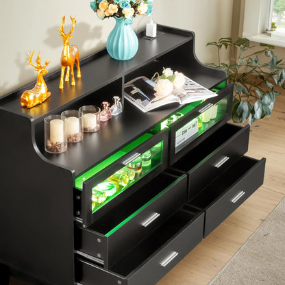 Ubesgoo Modern Black 6 Drawer Dresser with Charging Station, Bedroom Drawer Organizer with LED Light, Black Finish