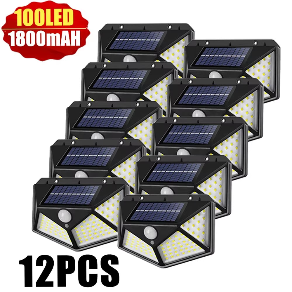 LED Solar Wall Lamp with Motion Sensor, 4 Sides, Luminous, Waterproof, Outdoor, Garden, Courtyard, 100 LED, 1-12Pcs