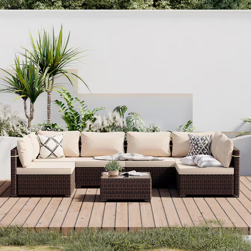 7-Piece Rattan Patio Conversation Set with Beige Cushions